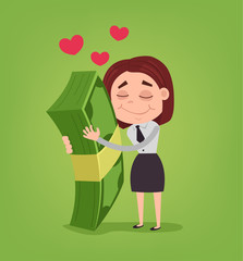 Happy smiling office worker business woman character hug big money. Vector flat cartoon illustration