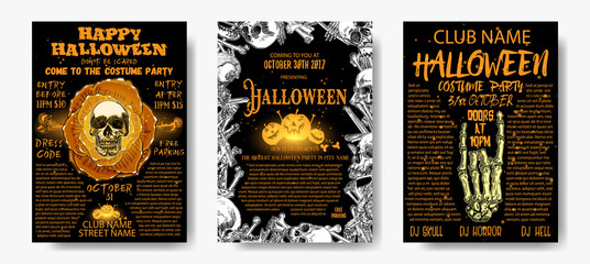 Halloween costume party invitation and greeting card set, flyer, banner, poster templates. Hand drawn skull and bones elements and handwritten ink lettering. Lot of space for text. Vector.