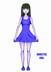 Monster girl in blue dress on isolated background