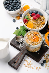 Homemade granola and healthy breakfast ingredients - milk, dried fruit and berries