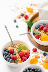 Homemade granola and healthy breakfast ingredients - milk, dried fruit and berries