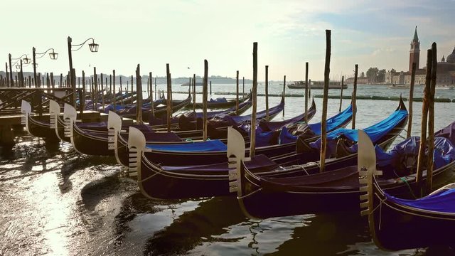 Traditional Gondolas on Canal Grande, San Marco, Venice, Italy, 4k
