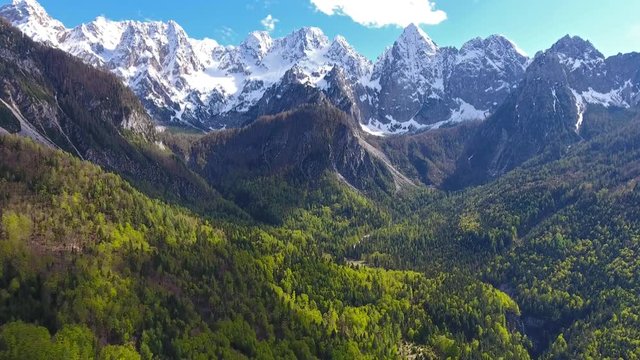Aerial view on mountains in Triglav national park in Slovenia at spring, 4k
