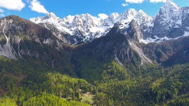 Aerial view on mountains in Triglav national park in Slovenia at spring, 4k
