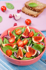 Fruit and vegetable salad and ingredients for preparing meal, healthy lifestyle and nutrition concept