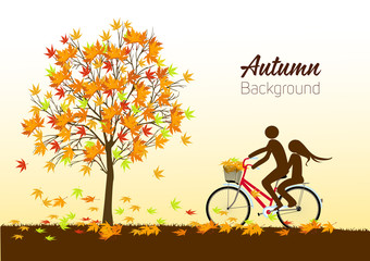 Autumn background with a tree and a bicycle. Vector
