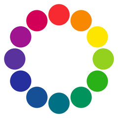 12 sectioned RGB color wheel with circles. The complementary colors are opposite each other. Vector graphic on isolated background.