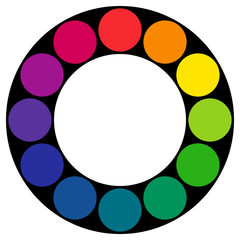 12 sectioned RGB color wheel with circles in black ring. The complementary colors are opposite each other. Vector graphic on isolated background.