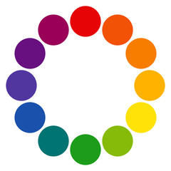 12 sectioned RYB (red, yellow, blue; used by artists) color wheel with circles. The complementary colors are opposite each other. Vector graphic on isolated background.