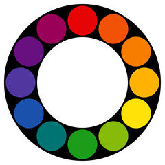 12 sectioned RYB (red, yellow, blue; used by artists) color wheel with circles in black ring. The complementary colors are opposite each other. Vector graphic on isolated background.