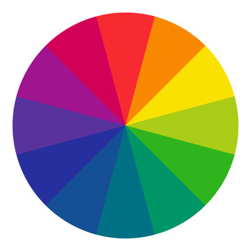 12 sectioned RGB color wheel, radial form. The complementary colors are opposite each other. Vector graphic on isolated background.