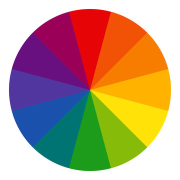 12 sectioned RYB (red, yellow, blue; used by artists) color wheel in radial form. The complementary colors are opposite each other. Vector graphic on isolated background.