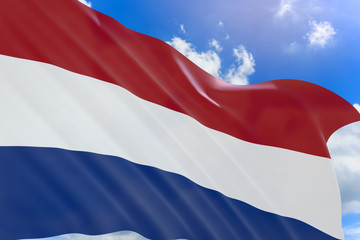 3D rendering of Netherlands flag waving on blue sky background