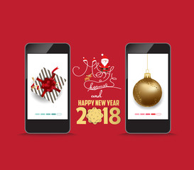 Luxury elegant merry christmas and happy new year 2018 poster. Gold ball and gift on smartphone