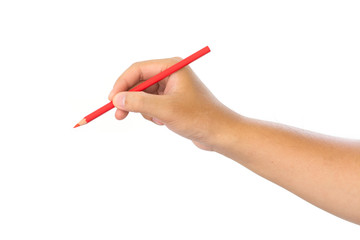 Men hand holding red pencil on isolated white background