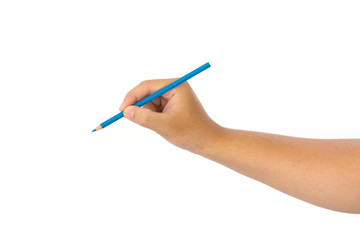 Men hand holding blue pencil on isolated white background