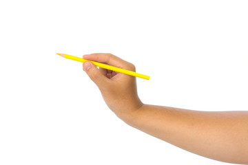 Men hand holding yellow pencil on isolated white background