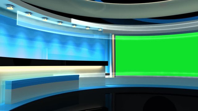 Tv studio, News room. Studio The perfect backdrop for any green screen or chroma key video production. Loop. 3D rendering. Green screen