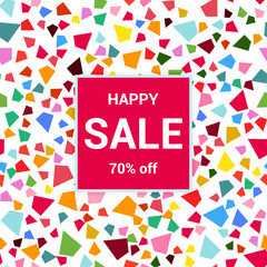 Sale template, discount banner on bright colorful background, random, chaotic, scattered geometric elements. Vector illustration