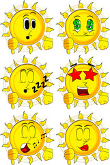 Cartoon sun showing dislike hand sign. Collection with various facial expressions. Vector set.