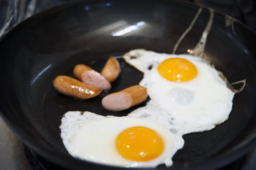 できたてホヤホヤ、フライパンの上の目玉焼きとソーセージ