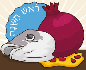 Traditional Head Fish, Pomegranate and Honey for Jewish New Year, Vector Illustration
