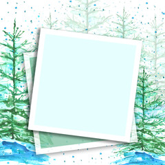 Watercolor New Year's Christmas card, tag with forest landscape, trees fir, pine, cedar, snowfall, snowdrifts. Green and blue Colour. With a place for your inscription and design