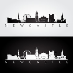 Newcastle skyline and landmarks silhouette, black and white design, vector illustration.
