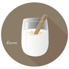 Hand drawn vector illustration of alcohol Eggnog or egg milk punch with a cinnamon stick. Dairy based beverage with brandy, rum or bourbon. In a brown circle with a shadow and text.