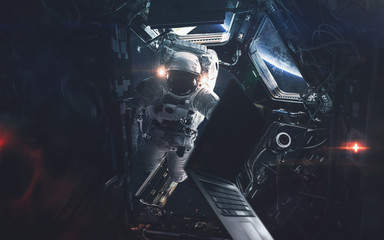 Astronaut. Abstract space wallpaper. Universe filled with stars, nebulas, galaxies and planets....