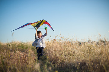 Happy little boy running with a kite in hands