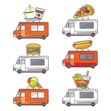 Vector flat street food truck icons set