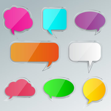 Set of blank empty colorful glass speech bubbles. Different design and color of comic bubble cloud collection. Vector illustration.