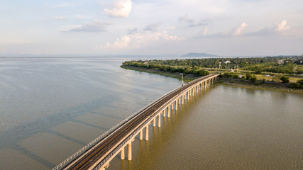 Fototapeta na wymiar Railroad bridge Over River Pa Sak Dam Ban Kok Slung Lopburi Thailand