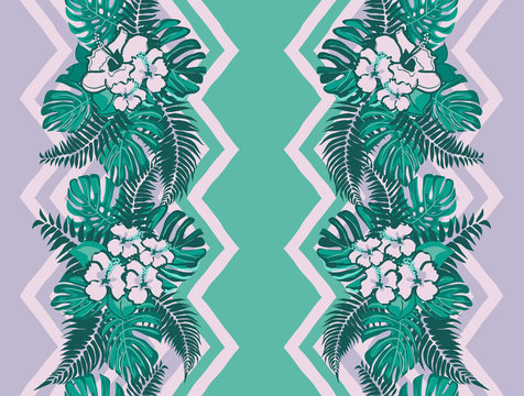Print with decorative tropical leaves. Tropical flowers. Seamless floral pattern. Exotic print.