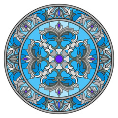 Naklejki  Illustration in stained glass style, round mirror image with floral ornaments and swirls