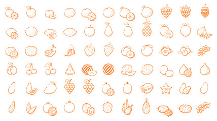 Big icon logo set - Fruit and berries Thin Line outline linear Icons For Business, Interface, Leisure. Orange, banana, strawberry,grape,cherry, mango papaya, pea