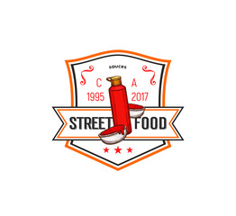 Fast food label of ketchup, tomato sauce bottle