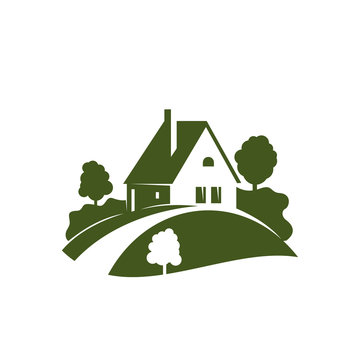 Green house icon with garden tree, plant and lawn