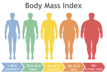 Body mass index vector illustration from underweight to extremely obese. Man silhouettes with different obesity degrees. Male body with different weight. - obrazy, fototapety, plakaty