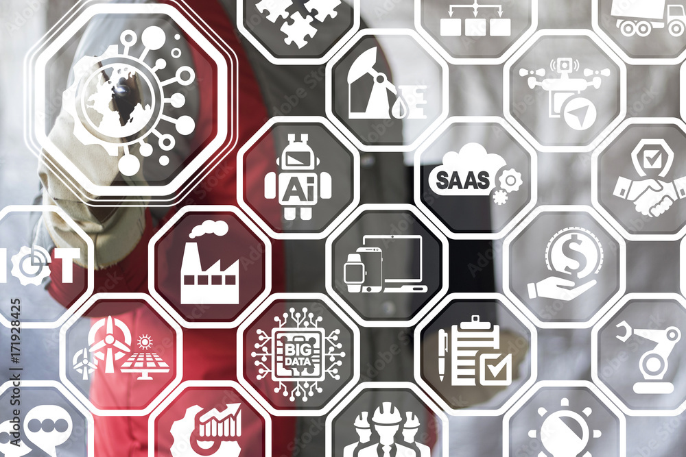 Poster world tech - industry 4.0 global smart innovative technologies integrate concept. industrial enginee