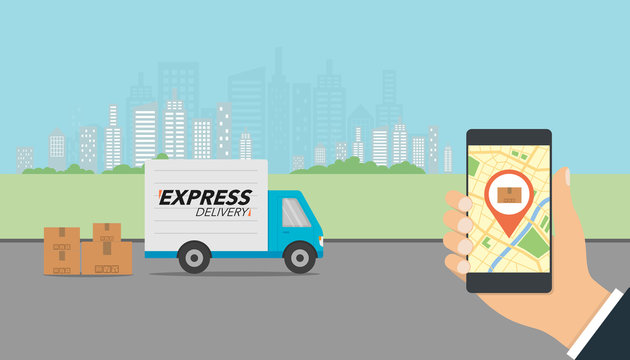 Express Delivery Concept. Checking Delivery Service App On Mobile Phone. Delivery Truck And Mobile Phone With City Background.