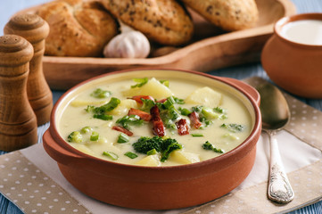 Potato soup with broccoli, cheese and bacon.