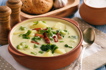 Potato soup with broccoli, cheese and bacon.