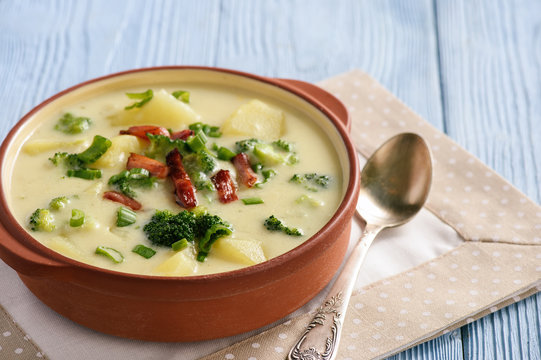 Potato soup with broccoli, cheese and bacon.