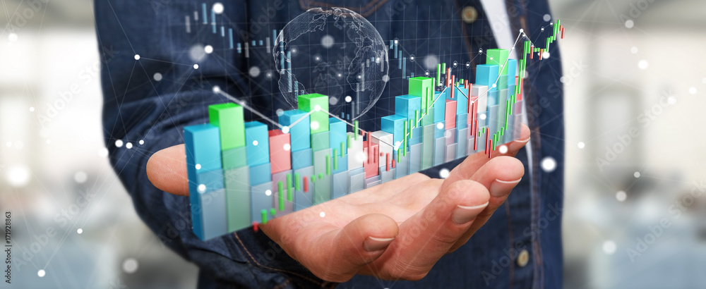 Aufkleber Businessman using digital 3D rendered stock exchange stats and charts