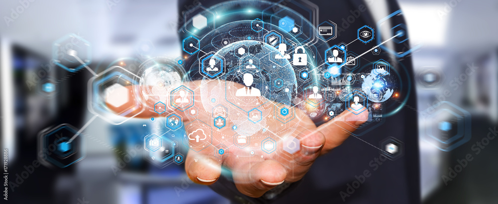 Poster Businessman using social network interface 3D rendering