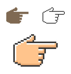 Pixel icon of hand with forefinger pointing forward  in three variants. Fully editable
