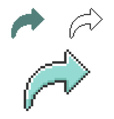 Pixel icon of right curved arrow in three variants. Fully editable