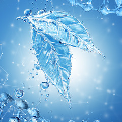 Naklejka na ściany i meble Leaf made of water splash on blue background